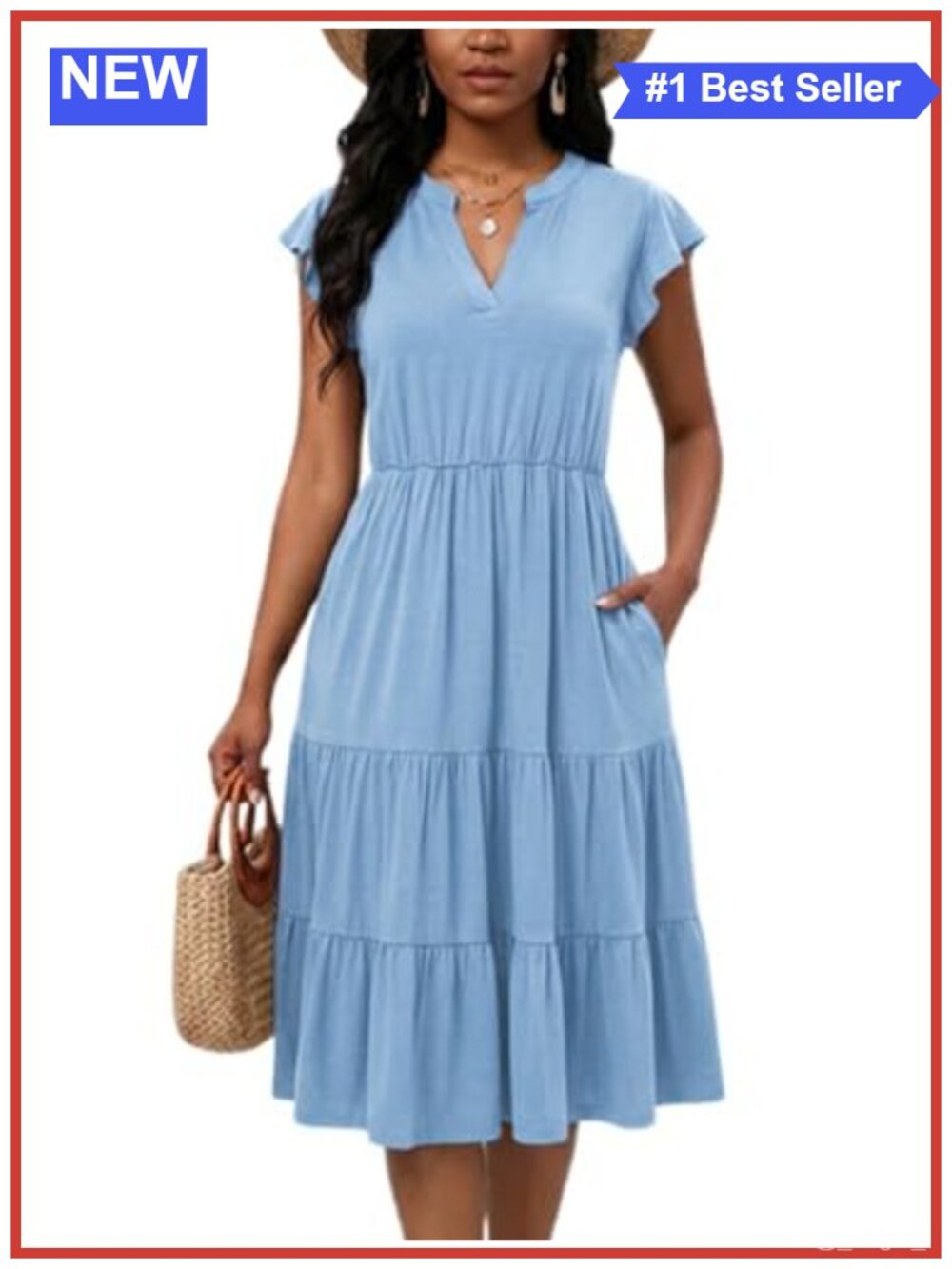 Ruffle Sleeve V Neck Midi Dress Casual Flowy Tiered Summer Beach Sundress